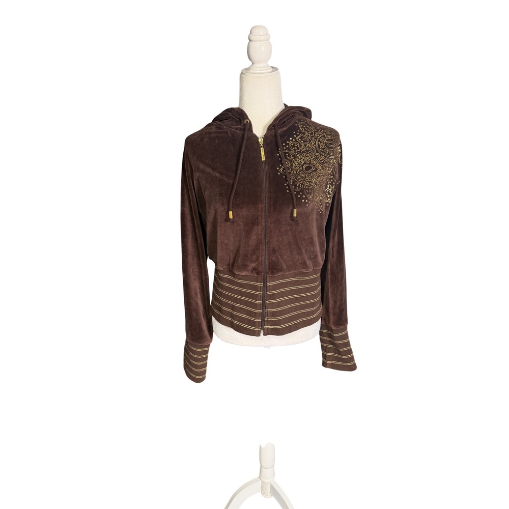 Y2K South Pole Brown Velour Zip Hoodie XL Gold Graphic Batwing Streetwear